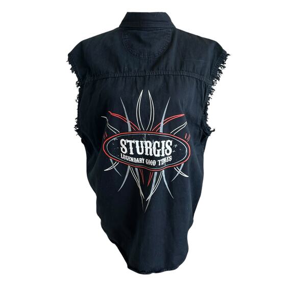 Sturgis Sleeveless Shirt Men Size Large Black Motorcyle Rally Raw Edge Button Up - Picture 5 of 10